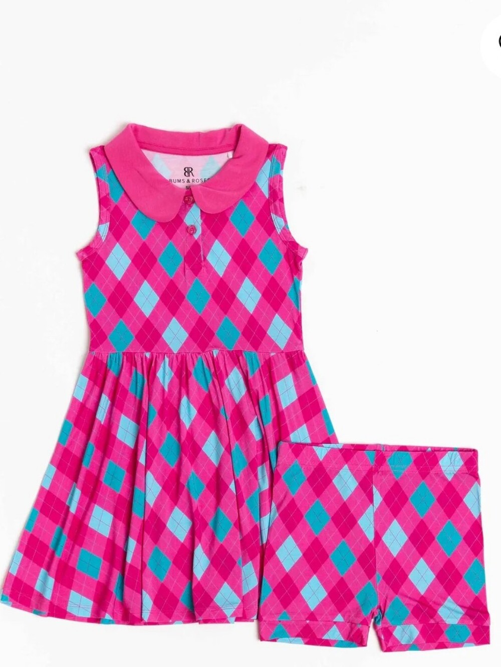 Bums & Roses- Girls Pink & Turquoise Argyle Dress Set